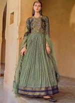 Silk Green Ceremonial Wear Foil Print Readymade Gown With Dupatta